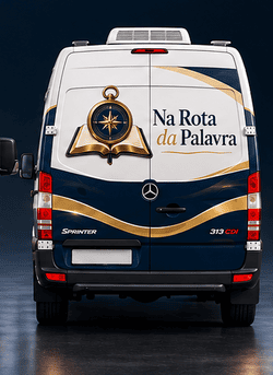 Vista traseira da van motorhome do projeto Na Rota da Palavra