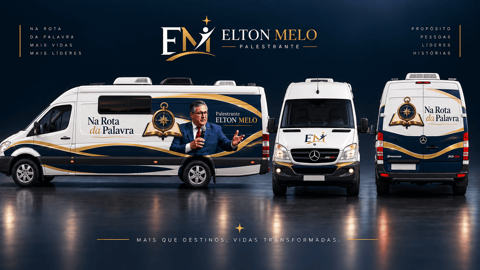 Banner com três vistas da van motorhome do projeto Na Rota da Palavra